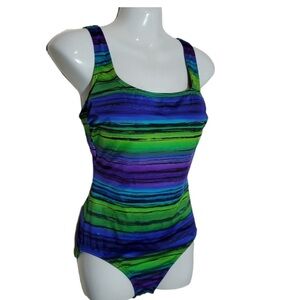 Vintage Longitude Swimsuit Blue/Green cross back. Size 10